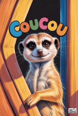 Suricate souriant, regardant l’observateur. Texte «coucou» multicolore. Fond sombre, encadrement bois clair.