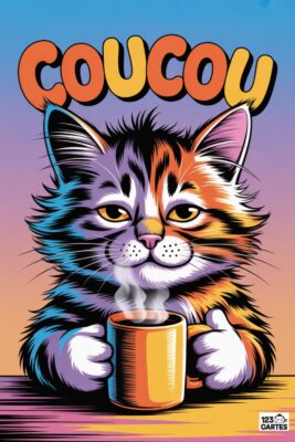 Chat coloré tenant une tasse fumante. Le mot «coucou» en orange au-dessus. Palette de couleurs vives : bleu, violet, orange, jaune, rose. Style cartoon.