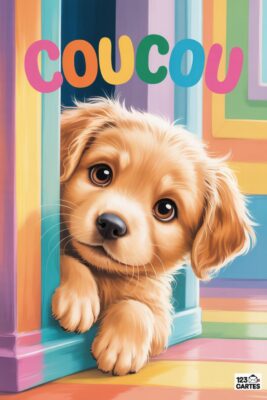 Coucou : chiot golden retriever regardant avec de grands yeux bruns. Texte coloré «coucou» au-dessus. Arrière-plan aux couleurs vives, pastel, arc-en-ciel.