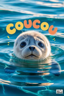 Phoque gris sortant de l’eau turquoise. Le mot «coucou» en orange et jaune flotte au-dessus. Yeux noirs expressifs, regardant vers l’avant.
