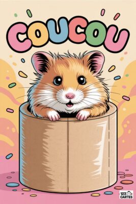 Hamster mignon dans un rouleau de carton, avec le mot «coucou» en couleurs vives. Fond rose et jaune, confettis colorés. Illustration enfantine et joyeuse.