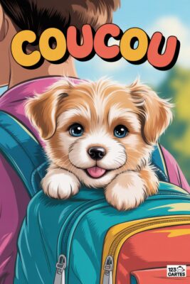 Un chiot beige et blanc aux yeux bleus sort d’un sac à dos bleu et rouge. Le mot «coucou» en orange est au-dessus. Un personne porte le sac.