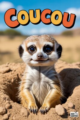Suricate souriant sortant d’un trou, sous le mot «coucou» orange et jaune. Fond de savane et ciel bleu.