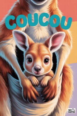 Un bébé kangourou roux dans la poche de sa mère, avec le mot «coucou» en turquoise. Fond aux couleurs douces, style dessin animé.