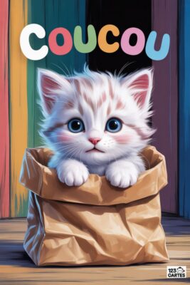 Chaton blanc et tigré dans un sac en papier, yeux bleus. Le mot «coucou» en couleurs vives au-dessus. Fond avec des rayures multicolores.