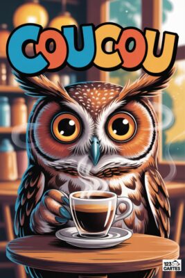 Chouette avec «coucou» en lettres colorées. L’oiseau, aux yeux perçants, tient une tasse de café fumant. Fond marron clair, ambiance chaleureuse.