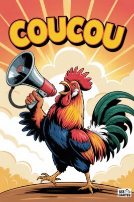Coq criant «coucou» dans un mégaphone. Plumage rouge, bleu et jaune. Fond orange avec rayons de soleil. Style bande dessinée.