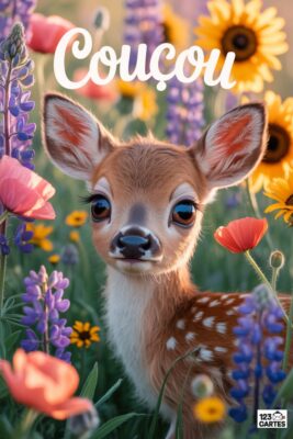 Faon aux grands yeux dans un champ fleuri. Fleurs roses, coquelicots rouges, tournesols jaunes et lavandes violettes entourent le faon. Le mot «coucou» en blanc.