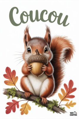 Coucou. Un écureuil roux, tenant un gland, est posé sur une branche avec des feuilles d’automne. Le fond est blanc. Le mot «coucou» en vert.