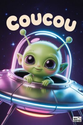 «coucou» écrit en blanc. Un extraterrestre vert souriant dans une soucoupe volante argentée, fond violet étoilé, style cartoon.