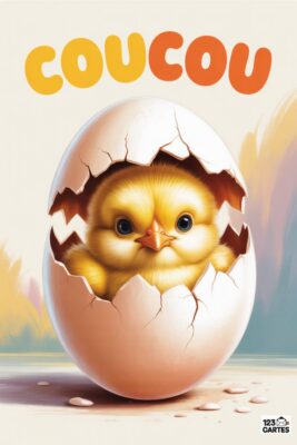 Un poussin jaune sortant d’un œuf fêlé, sous le mot «coucou» en orange et jaune. Fond pastel clair avec des touches de couleurs.
