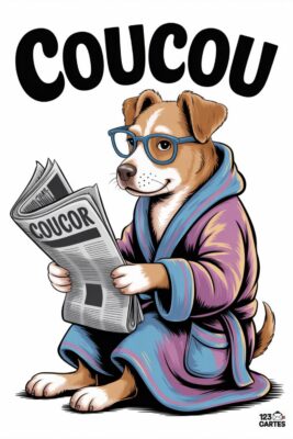 Chien en peignoir lisant le journal «Coucor«. Le texte «coucou» en haut. Le chien porte des lunettes bleues. Peignoir violet et bleu.