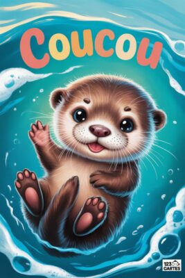 Loutre souriante dans l’eau turquoise, disant «coucou». Pelage brun, yeux bleus, nez rose. Vagues blanches et texte coloré. Illustration enfantine.