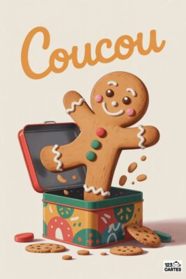 Bonhomme pain d’épices sortant d’une boîte décorée, biscuits, lettrage «coucou». Couleurs chaudes, tons crème et marron. Style enfantin et festif.