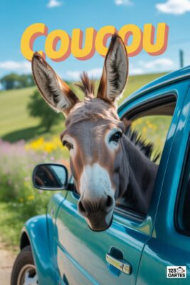 Âne regardant par la fenêtre d’une voiture bleue, avec le mot «coucou» en jaune. Paysage verdoyant en arrière-plan, ciel bleu et fleurs sauvages.