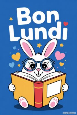 Un lapin blanc lisant un livre jaune, portant des lunettes, avec le texte «Bon Lundi» sur fond bleu, étoiles et coeurs.