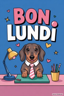 Un teckel en cravate rose, bureau, lampe. Texte «Bon Lundi» rose et blanc sur fond bleu.