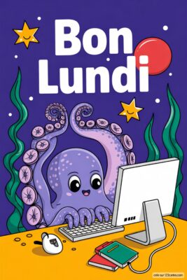 Une pieuvre violette devant un ordinateur, souhaitant un bon lundi. Fond bleu nuit avec étoiles et algues vertes.