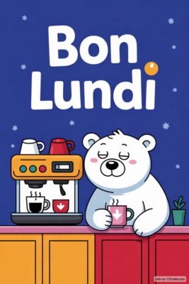 Ours blanc buvant du café, devant une machine à café. Fond bleu nuit avec étoiles et texte «Bon Lundi» en blanc.