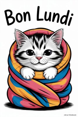 Un chaton gris et blanc enveloppé dans une couverture colorée, avec le texte «Bon Lundi».