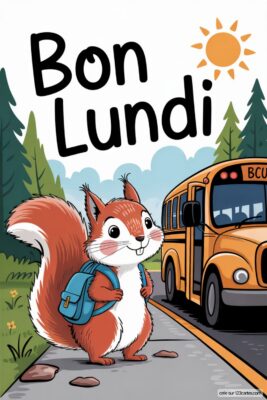 Écureuil souriant avec sac à dos devant bus scolaire jaune. Soleil orange, arbres verts.