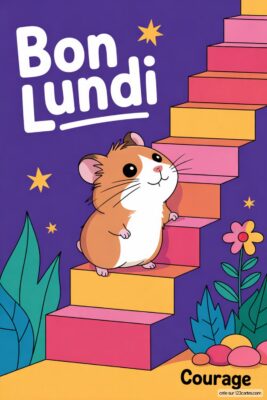 Un hamster souriant montant un escalier coloré. Fond violet avec étoiles et plantes. Message «Bon Lundi» en haut.