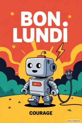 Un robot gris souhaitant «Bon Lundi» avec un éclair. Fond orange et jaune, texte courage