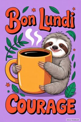Un paresseux souriant tenant une tasse de café orange. Texte «Bon Lundi» et courage en orange= sur fond= violet.