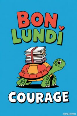 Une tortue verte portant une pile de livres, avec «Bon Lundi» en rouge et vert et «Courage» en blanc sur fond bleu.