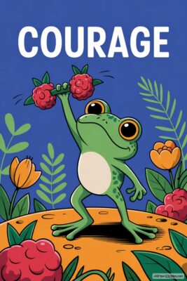 Une grenouille verte soulevant des framboises, symbole de courage. Fond bleu avec fleurs. Le mot «Courage» en blanc en haut.