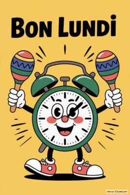 Un réveil vert souriant tenant des maracas. Fond jaune. Texte «Bon Lundi» en haut.