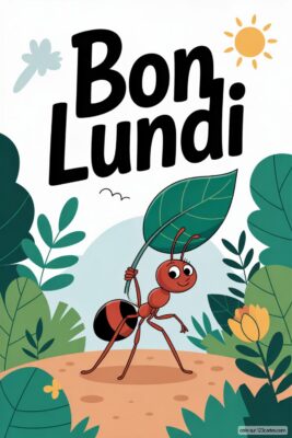 Une fourmi rouge et noire porte une feuille verte. Texte «Bon Lundi» en noir sur fond de verdure et soleil jaune.