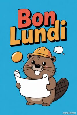 Un castor souriant avec un casque, tenant un plan, sur fond bleu. Texte «Bon Lundi» en orange et rouge. Carte de voeux pour souhaiter un bon lundi.