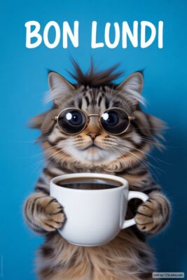 Un chat portant des lunettes et une tasse de café, avec le texte «Bon Lundi» sur fond bleu. Chat tabby souhaite un bon lundi.