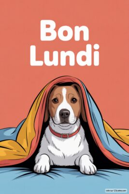 Un chien sous une couverture colorée, souhaitant «Bon Lundi». Fond orange. Le chien porte un collier rouge.