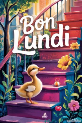 Un caneton sur un escalier rose, fleurs jaunes. Texte «Bon Lundi» blanc.