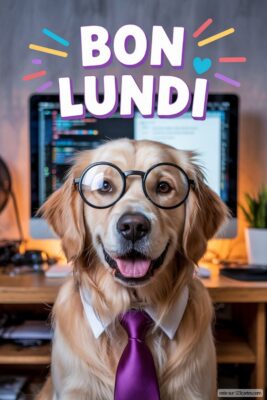Un Golden Retriever portant des lunettes et une cravate violette, avec le message «Bon Lundi».