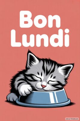 Un chaton gris et noir dormant dans une gamelle bleue, avec le texte «Bon Lundi» en blanc sur fond rose. Illustration pour souhaiter un bon lundi.