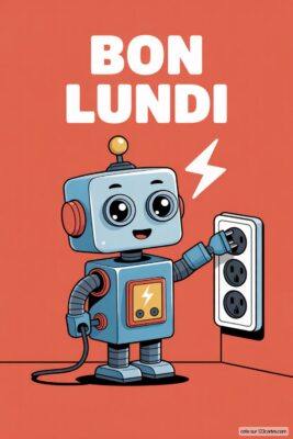 Image d'un robot bleu branchant une prise, avec texte «Bon Lundi» sur fond rouge.