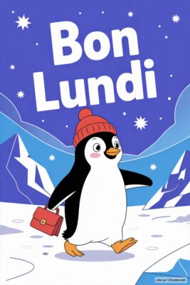Un pingouin souriant avec un bonnet rouge et une mallette, souhaitant «Bon Lundi» sur fond bleu nuit avec montagnes et flocons.