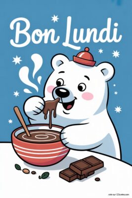 Un ours polaire mangeant du chocolat chaud. Fond bleu, ours blanc avec chapeau rouge, bol rayé, chocolat.