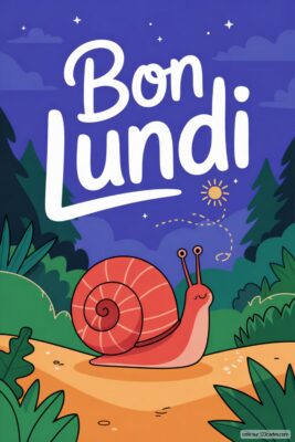 Un escargot rose sur un chemin, avec le texte «Bon Lundi» sur fond de nuit étoilée et forêt.