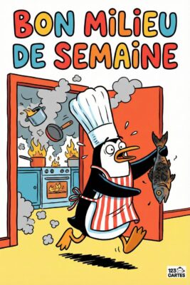 Un manchot chef, tablier rayé, sort d’une cuisine en feu, tenant un poisson. Texte «Bon milieu de semaine». Cuisine orange, fumée, flammes.