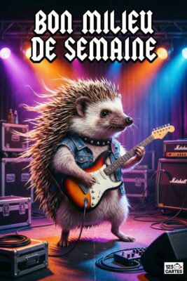 Hérisson rockeur jouant de la guitare électrique sur scène, portant veste en jean. Texte «Bon milieu de semaine» en haut. Lumières violettes et scène de concert.