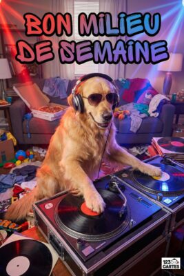 Golden retriever avec lunettes et casque DJ, devant platines vinyles, texte «Bon milieu de semaine». Déco intérieure, pizza, vêtements. Couleurs vives.