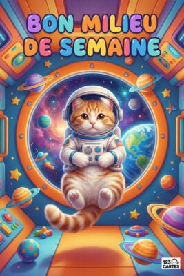 Chat roux astronaute dans un vaisseau spatial, entouré de planètes. Texte «Bon milieu de semaine» en haut. Couleurs vives, style dessin animé.