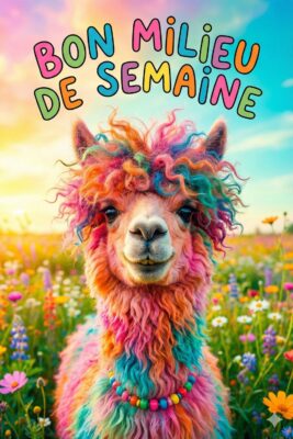 Alpaga coloré souriant dans un champ fleuri. Texte «Bon milieu de semaine» en haut. Couleurs vives : rose, bleu, vert, orange. Paysage ensoleillé.