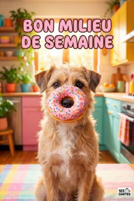 Chien avec beignet rose devant la bouche, dans une cuisine colorée. Texte «Bon milieu de semaine» en rose. Cuisine avec meubles roses, verts et jaunes.