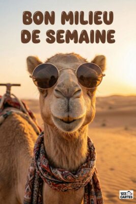 Chameau portant des lunettes de soleil et une écharpe, avec le texte «Bon milieu de semaine». Arrière-plan désertique, tons chauds. Carte de vœux humoristique.
