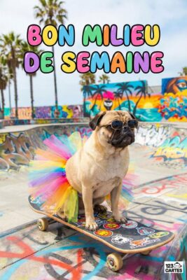 Bouledogue français avec lunettes de soleil et tutu multicolore sur skateboard. Texte «Bon milieu de semaine» coloré. Skatepark en arrière-plan.